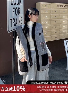 Andrea Martin可爱灰色针织V领马甲外套女25秋冬新款