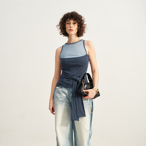 Sofitte修身条纹拼接绑带背心