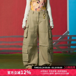 CHEERi UPi宽松卡其色可拆卸水洗工装长裤女26春夏新款