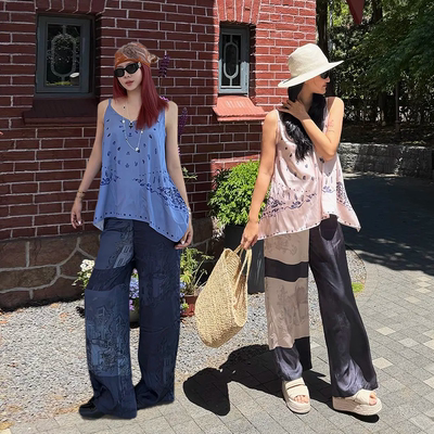 夏季卡萨布兰卡印花吊带长裤套装