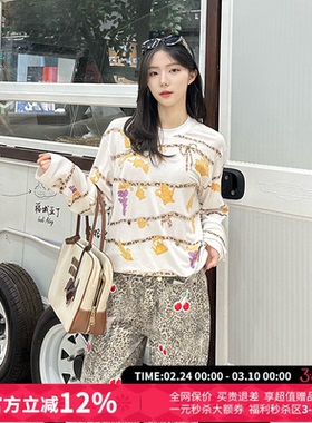 CHEERi UPi休闲宽松金年豹富印花圆领套头长袖T恤女26春夏新款