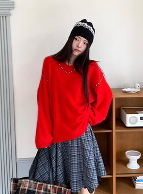 YANAG宽松节奏粗毛线羊毛拉毛V领针织毛衣26春夏新款