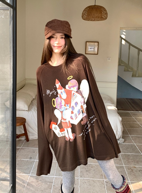 YANAG搬城堡天使印花天丝羊毛长袖T恤女26春夏新款