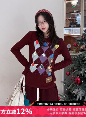 CHEERi UPi休闲多彩菱形格长袖T恤打底衫女26春夏新款