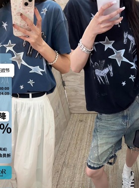 LOGE32小飞马涂鸦星星水洗短袖宽松T恤女26春夏新款
