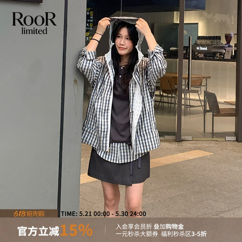 丿未PUREVENUS蕾丝拼接格纹马甲无袖连帽外套女26春夏新款