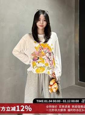 CHEERi UPi宽松百搭马上富印花圆领套头落肩长袖T恤女26春夏新款