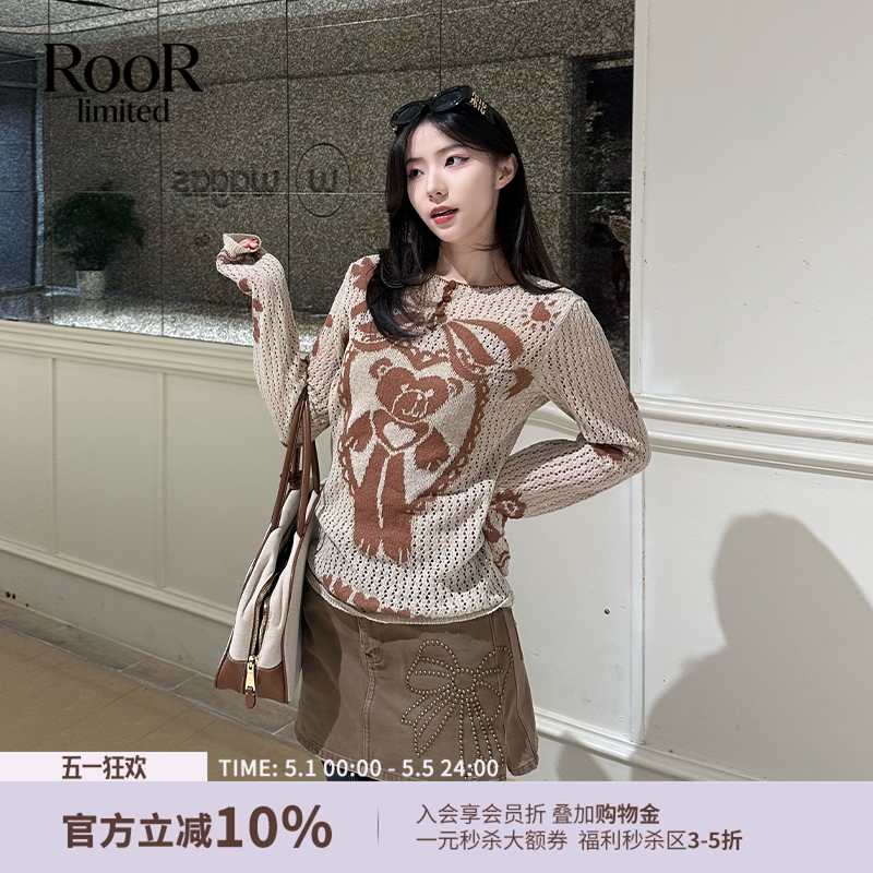 FORDARE福蝶复古小熊提花松弛感套头针织衫26春新款
