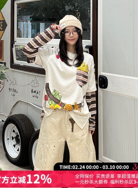 CHEERi UPi休闲宽松腰缠万贯印花拼接假两件长袖T恤女26春夏新款