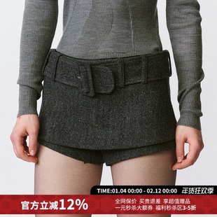 FORDARE福蝶深灰色短款腰带斜纹毛呢裙裤女25秋冬新款