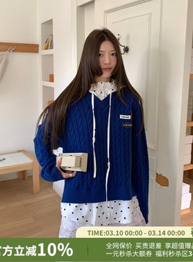 YANAG宽松抽绳格纹拼接假两件套头毛衣女26春夏新款