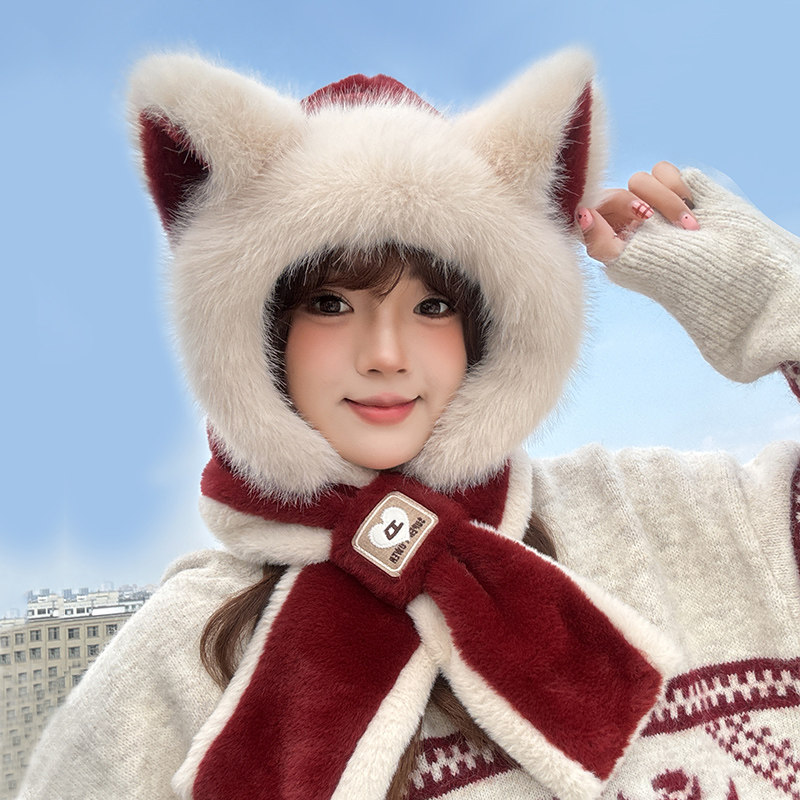 帽子围巾围脖一体兔女秋冬季狐狸兔毛绒耳朵保暖可爱红色加绒加厚,服饰配件/皮带/帽子/围巾,帽子,淘宝优惠券,粉丝福利购,淘宝优惠卷