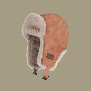 皮质帽子男生冬季加绒加厚保暖护耳骑车棕色飞行员火车头女雷锋帽