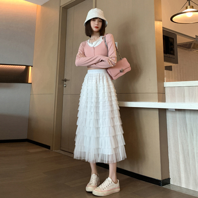 蛋糕裙长版白色半身裙女春秋2025新款高端仙女网纱长裙蓬蓬裙纱裙
