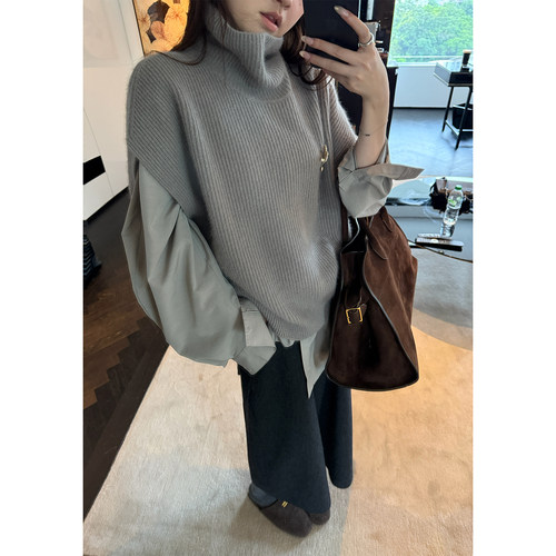 Here yaya shop 奶酪千金重工文艺且时髦慵懒随意浣熊毛高领马甲