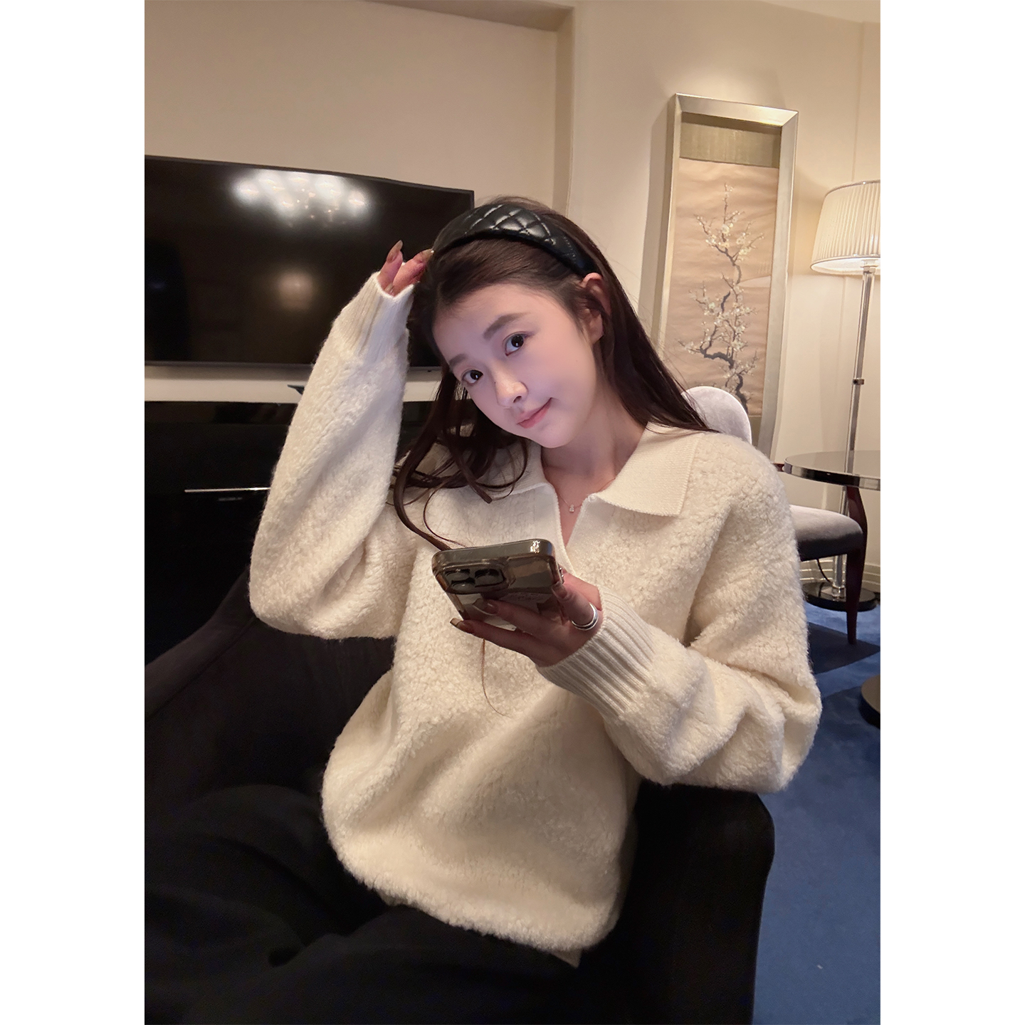 Here yaya shop 11.11 牛奶奶糕香香风密织高克重全羊毛翻领毛衣