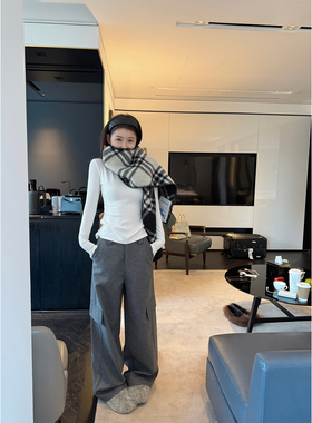 Here yaya shop 松弛出街窄版小直筒型超视觉压缩显瘦羊毛呢料裤