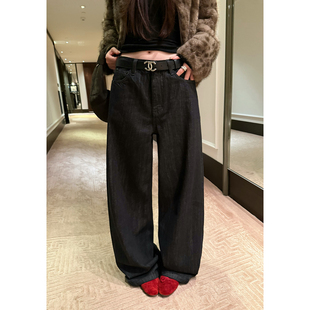 Here yaya shop 直腿救星wan能黑牛松弛直筒版复古水洗薄绒牛仔裤