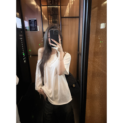Here yaya shop 海盐椰椰chao酥糊的卷边清冷感仿亚麻露肩懒懒t恤