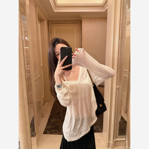 Here yaya shop 冰肌软绵绵羊毛+兰精天丝v领长袖防晒露肩大t恤女