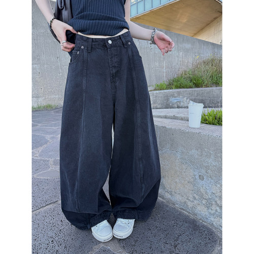 Here yaya shop 主推重磅秋冬版本黑灰色水洗工艺时髦气球牛仔裤