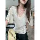 Here yaya shop 椰香牛乳小蛮腰即时感莱赛尔羊毛纸片人掐腰v领t