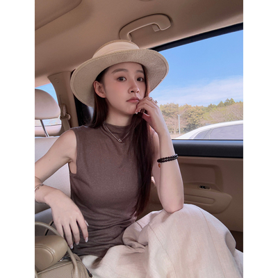 Here yaya shop 4.23 松露巧克力凉凉莱赛尔亚麻半高领氛围感背心