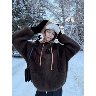 Here yaya shop 暖冬蓄热厚实绵密羊毛浣熊毛慵懒拉链大毛衣外套