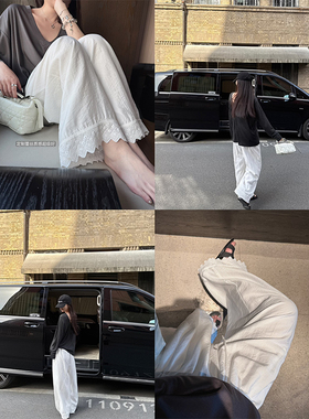 Here yaya shop 奶冻裤定制蕾丝高工艺双层垂垂裤慵懒白色阔腿裤