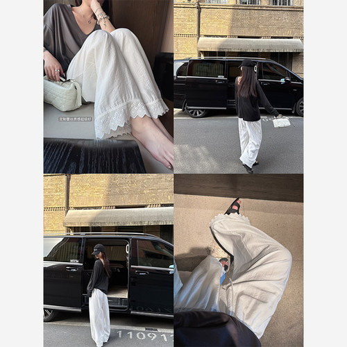 Here yaya shop 奶冻裤定制蕾丝高工艺双层垂垂裤慵懒白色阔腿裤
