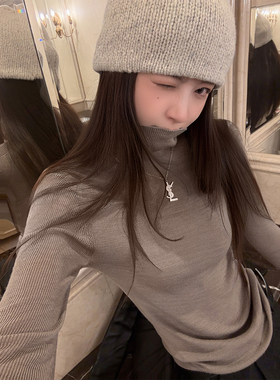 Here yaya shop 清冷气质100%绵羊毛新澳岛精无缝一体高领针织衫