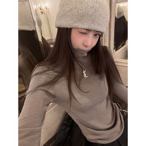 Here yaya shop 清冷气质100%绵羊毛新澳岛精无缝一体高领针织衫