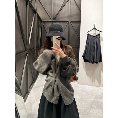 Here yaya shop 冷淡德芙si服开衫精致随意100%羊毛斜扣毛衣开衫
