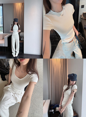 Here yaya shop 本期bi入-5度冰凉黑科技面料U领圆领纸片人t恤女