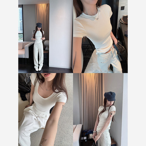 Here yaya shop 本期bi入-5度冰凉黑科技面料U领圆领纸片人t恤女