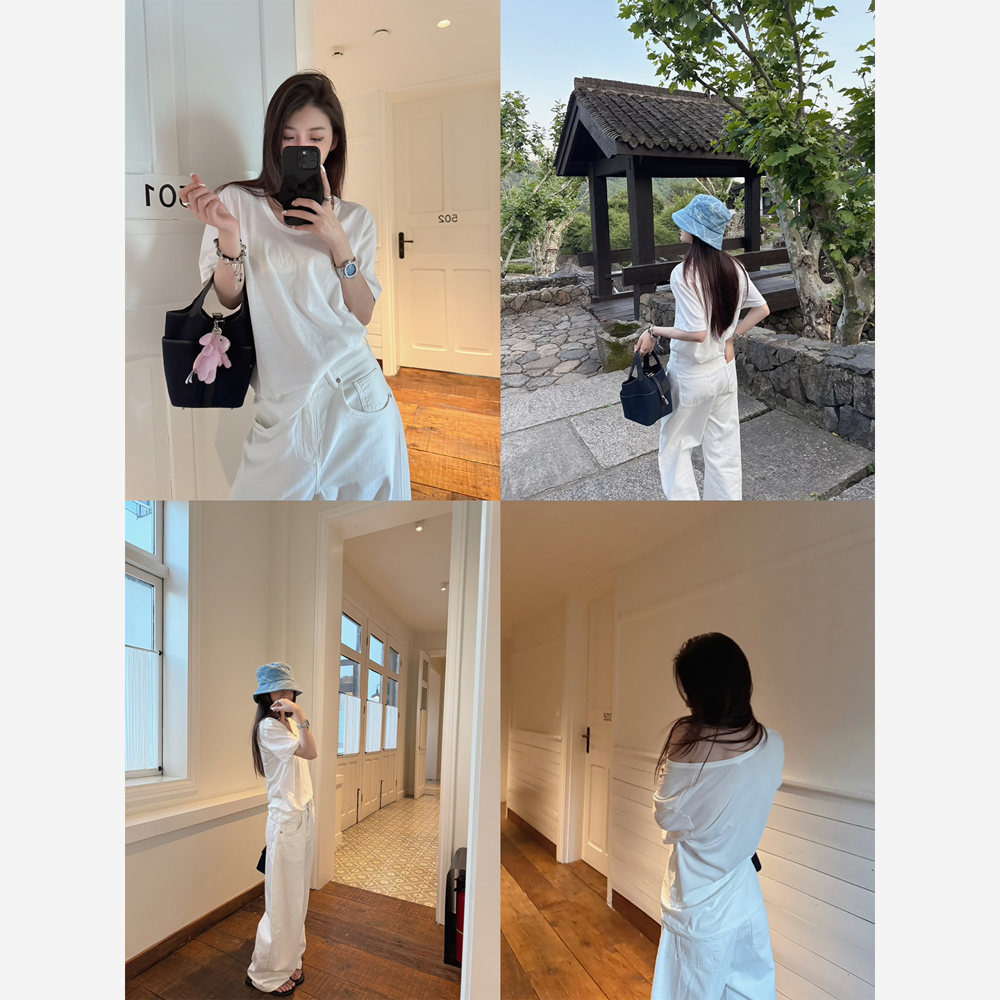 Here yaya shop 酸奶人手2件酥服系列大u领纸片人随意感基础t恤女