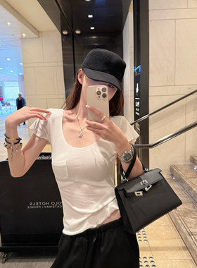 Here yaya shop 云朵素颜t精致木耳边锁边莱赛尔羊毛口袋经典t