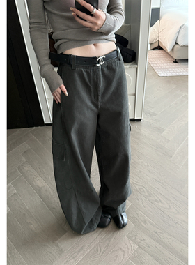 Here yaya shop 松弛法则重工水洗内里拉绒随意感直筒工装裤