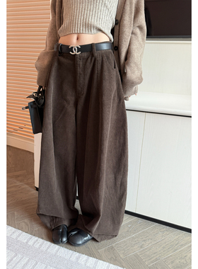 Here yaya shop 9.26 熔岩榛果复古慵懒调调经典灯芯绒时髦气球裤