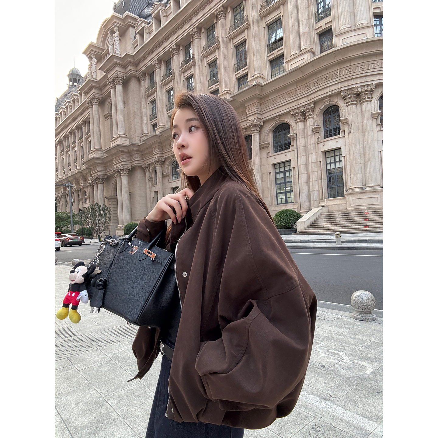 Here yaya shop 浓心酱巧复古帅气重工水洗麂皮绒立领夹克外套