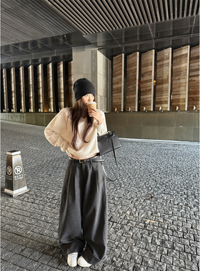 Here yaya shop 10.31 首尔老钱高克重随意休闲感翻边设计羊毛裤