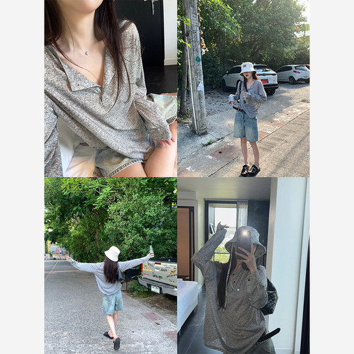 Here yaya shop 5.21 舒适旋律亨利领随意慵懒亚麻扣子防晒t