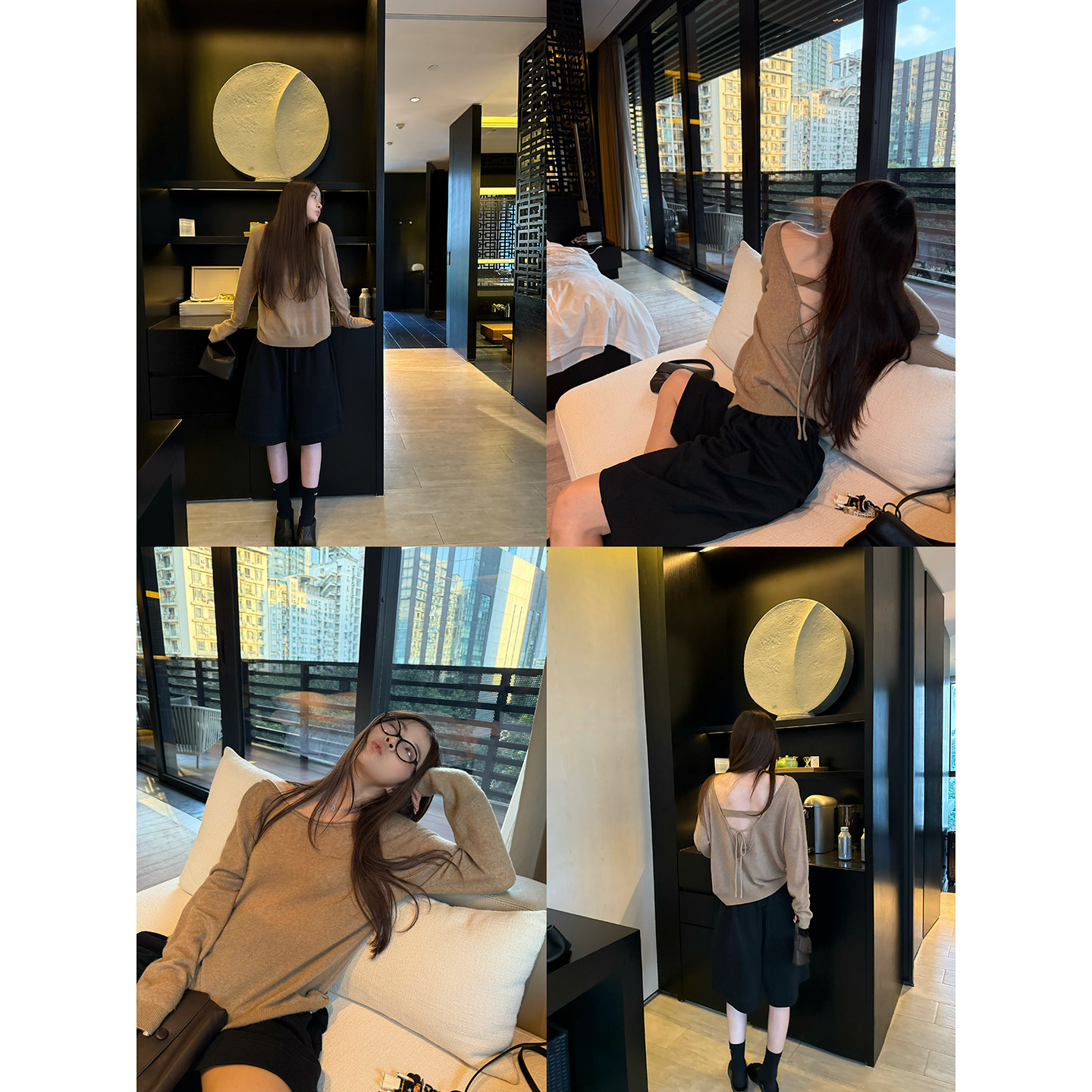 Here yaya shop奶香可颂精致软绵绵莱赛尔羊驼绵羊毛露背精致毛衣
