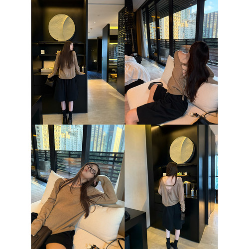 Here yaya shop奶香可颂精致软绵绵莱赛尔羊驼绵羊毛露背精致毛衣