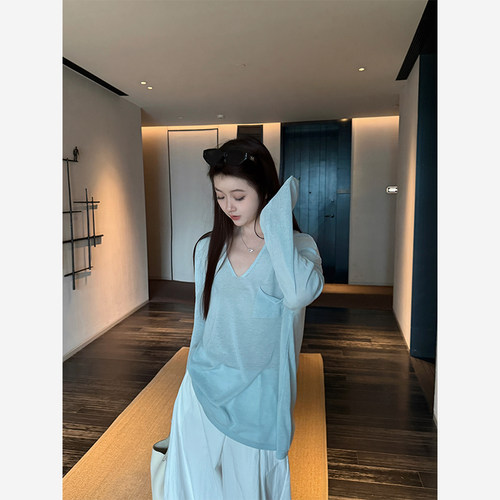 Here yaya shop 淡然松弛随意感天丝亚麻宽松v领长袖防晒针织衫女