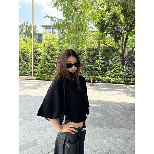 Here yaya shop 时髦老钱高支高密100%羊毛斗篷藏肉高领毛衣