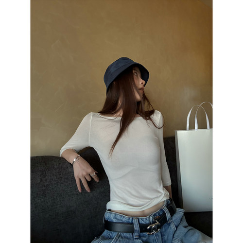 Here yaya shop软绵绵云朵t淡然精致修饰身型直角肩羊毛天丝中袖t