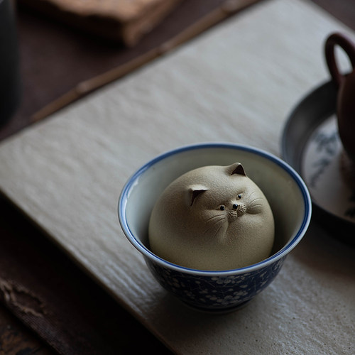 宜兴紫砂茶宠 摆件 盖置 小雕塑 可爱把玩件 胖猫 礼物礼品装饰品