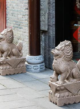 新中式麒麟门墩仿古仿石家用一对镇宅招财抱鼓石庭院门厅门口摆件