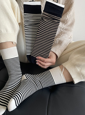 黑白条纹灰色勃肯鞋袜子女ins潮中筒袜百搭堆堆袜春秋季新款2023
